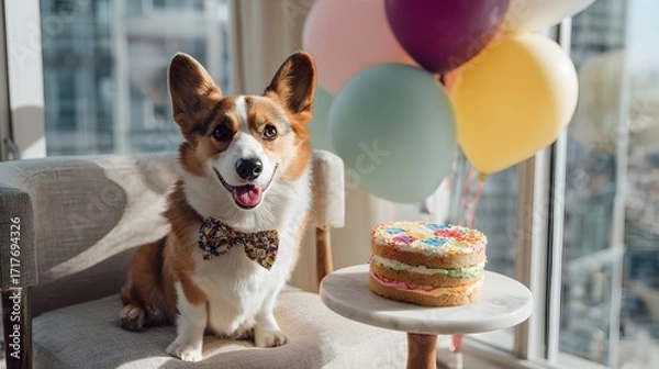 Fototapeta Sky-High Birthday Cheer: Dapper Corgi with Bow Tie, Balloons, and Paw-Print Cake in a Modern City Apartment