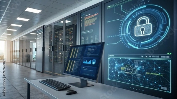 Obraz Computer network server room interior with technology and data systems