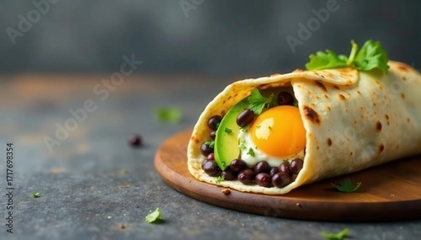 Fototapeta A delicious breakfast burrito filled with fluffy eggs, savory black beans, and creamy avocado on a sleek gray background , black beans, wrap