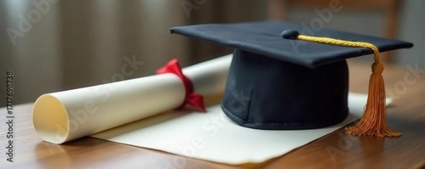Fototapeta A graduation cap resting on top of a diploma certificate Perfect for celebrating academic achievements and accomplishments , tassel, cap