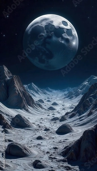 Fototapeta An aerial view of a lunar landscape taken by a modern spacecraft, showcasing geological secrets and high-end technology , modern, aerial view