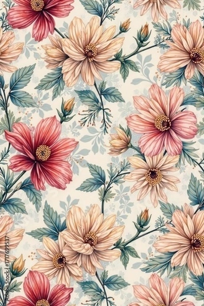 Fototapeta An elegant repetition floral pattern in soothing colors perfect for background or wallpaper design , petal, blooming
