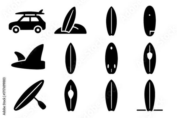 Fototapeta Icon car longboard vector rack pointed logo surfboard icons shortboard tail collection