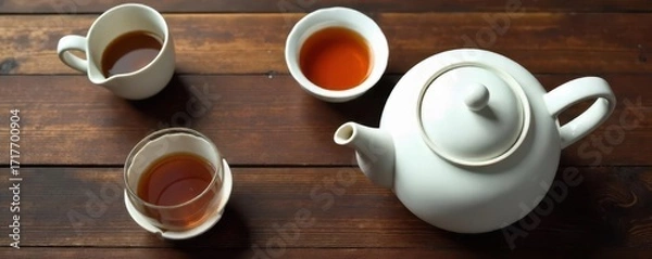 Fototapeta A top view of a ceramic white teapot and two black tea cups on a wooden table, white, traditional