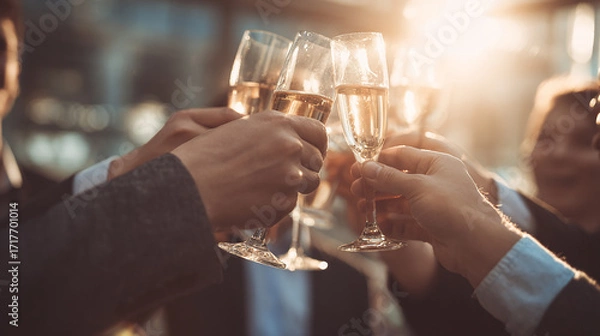 Fototapeta Group of people raising glasses together at corporate event, symbol of teamwork and business success.