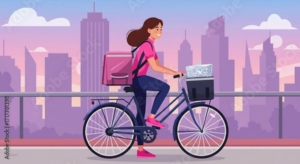 Fototapeta A smiling woman on a bicycle with a pink delivery bag and a front basket, cycling against a city skyline