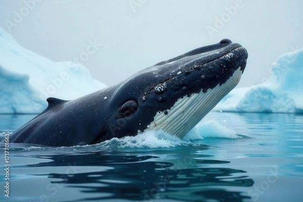 Fototapeta Close-up image of a humpback whale breaking through the icy Arctic ocean surface, displaying barnacles and a chilly environment, natural, cold