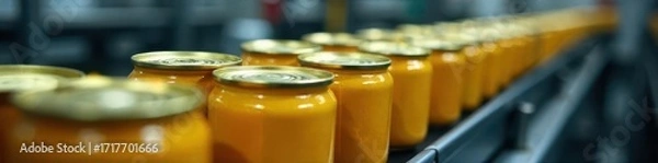 Fototapeta Close-up of assorted golden canned goods moving on conveyor belt in factory, manufacturing, shiny