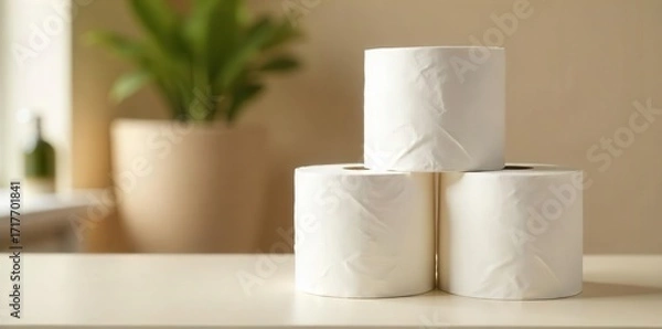Fototapeta Three rolls of soft white toilet paper stacked on a beige table in a bathroom with room perfume in the background , decor, toilet paper