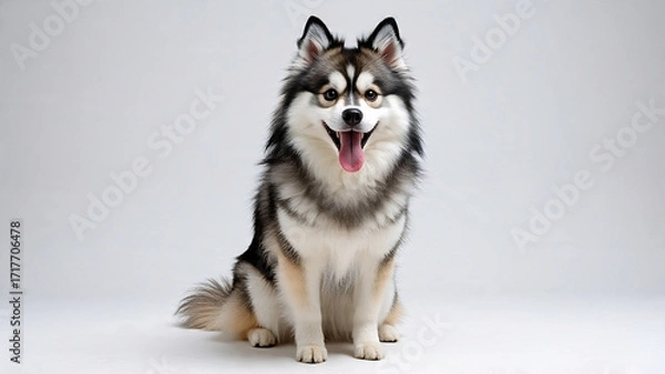 Fototapeta A pomsky dog sitting and panting against a plain white background, showcasing its fluffy coat and playful demeanor