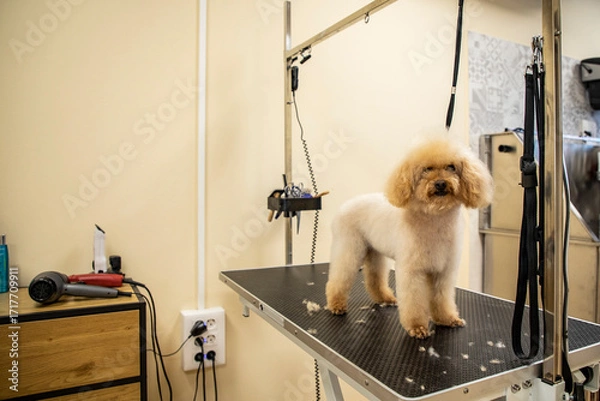 Fototapeta Poodle standing on grooming table at pet salon or veterinary clinic