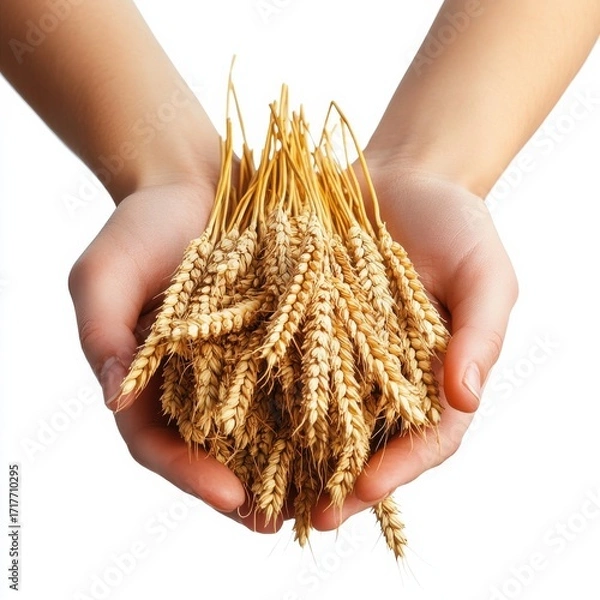 Fototapeta Hands Holding a Precious Bundle of Wheat Isolated on White Background
