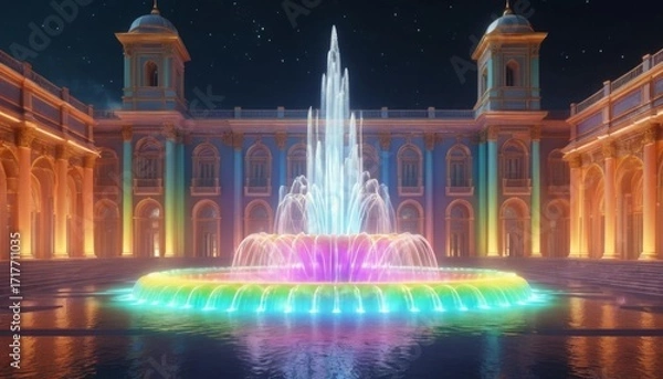 Fototapeta Stunning Night Fountain Display with Colorful Lights in Elegant Architecture Under Stars