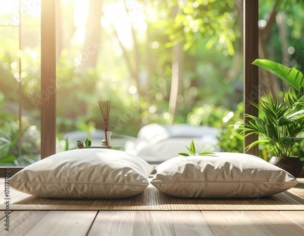 Fototapeta Serene Patio with Lush Greenery and Soft Pillows