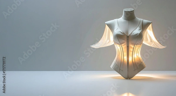 Fototapeta A glowing, minimalist white corset on a mannequin, illuminated from within to emphasize its sleek, futuristic design. Represents innovation in fashion and technology.