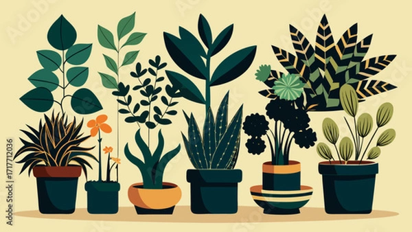 Fototapeta Vector art of a diverse collection of potted plants, showcasing a variety of shapes and colors, adding a touch of natural beauty to any interior space
