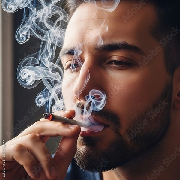 Fototapeta A close-up portrait of a man, exhaling smoke from a cannabis cigarette, with intricate swirls of white smoke filling the frame.