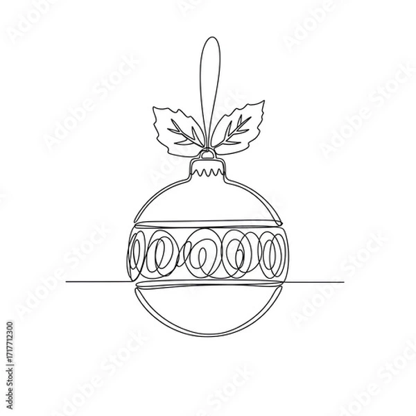 Fototapeta Christmas ornament with leaves in minimal line art style  