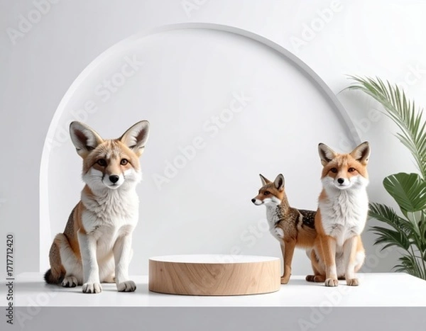 Fototapeta Two Red Foxes and Fennec Fox Posing on White Platform with Minimalist Arch Background