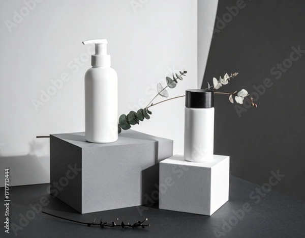 Fototapeta White Cosmetic Bottles on Grey Cubes with Eucalyptus Branches