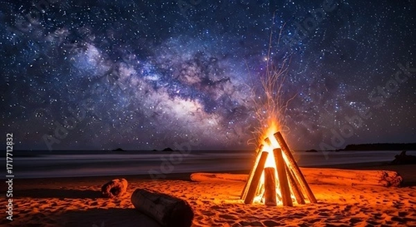 Obraz A vibrant bonfire illuminates a sandy beach under a spectacular night sky filled with a brilliant milky way.