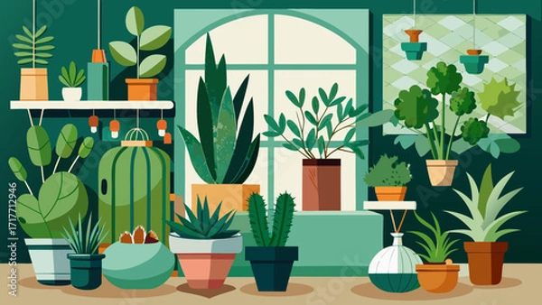 Fototapeta Vector art of a variety of potted plants in a room with a window, creating a cozy and inviting atmosphere, perfect for adding life to any space