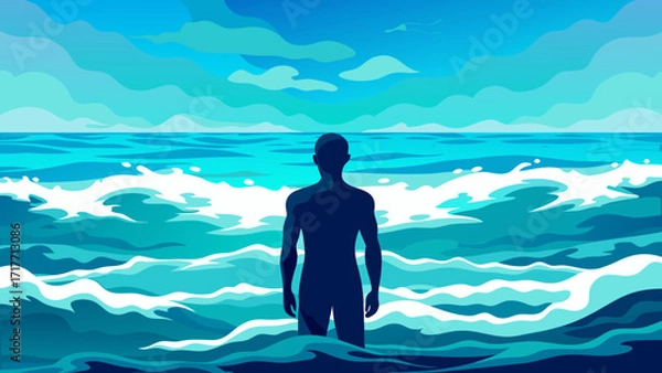Fototapeta Vector art of silhouette of a man standing in the ocean, gazing towards the horizon, with stylized waves and clouds creating a sense of solitude and reflection