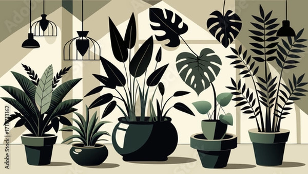 Fototapeta Vector art of indoor plants arrangement in a room, showcasing a variety of foliage and pots, creating a serene and stylish botanical interior scene