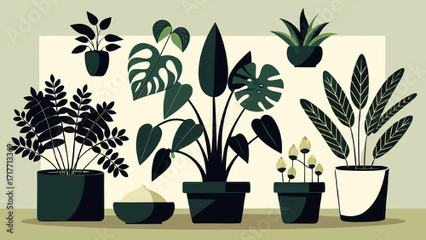 Fototapeta Vector art of a harmonious collection of potted plants, each with its unique foliage, arranged against a soft backdrop, creating a serene indoor botanical scene