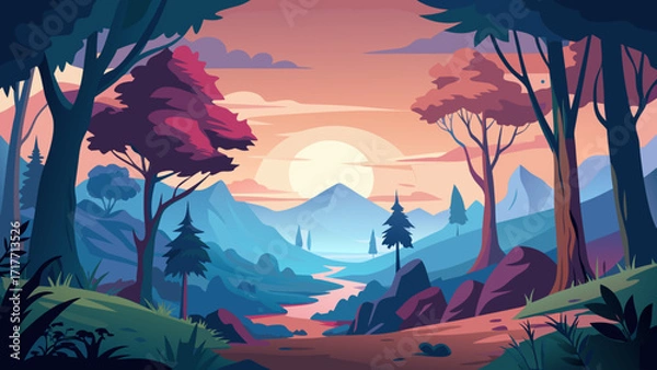 Fototapeta Vector art of a serene landscape unfolds with a winding river leading to majestic mountains under a pastel sky, framed by lush trees in a tranquil scene