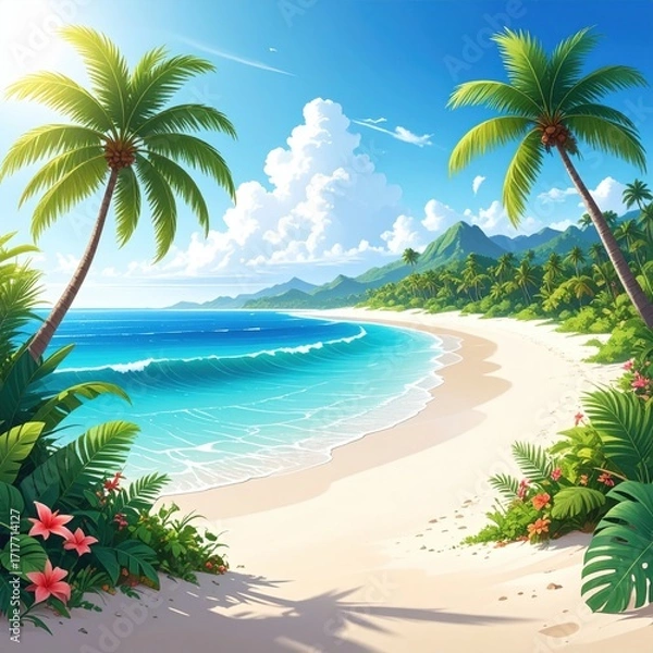 Fototapeta Tropical Beach Scene with Palm Trees and Turquoise Water
