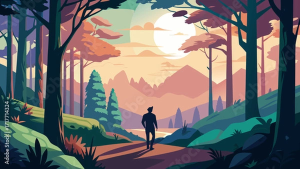 Fototapeta Vector art of a peaceful landscape depicting a solitary figure walking towards majestic mountains during a golden sunset, surrounded by lush trees in a scenic view