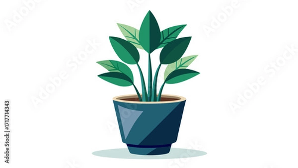 Fototapeta Illustration of a vibrant green houseplant with lush leaves in a blue pot, , adding a touch of nature to any space