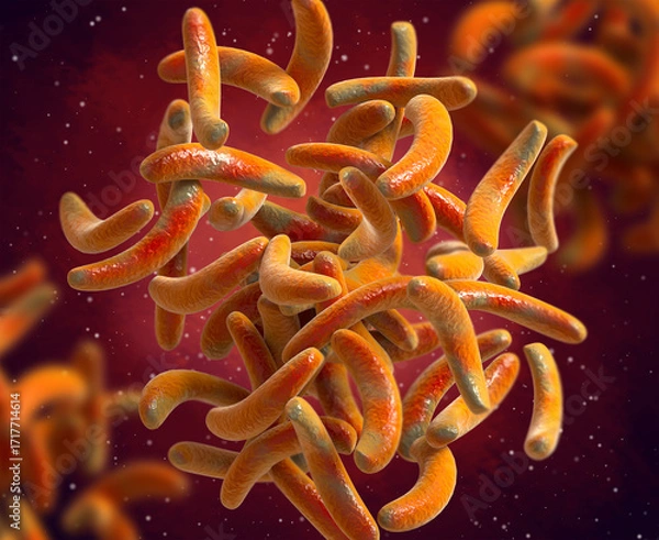 Fototapeta Medical background, a type of pathogenic bacteria dangerous to life and health, a colony of Escherichia coli, 3D rendering