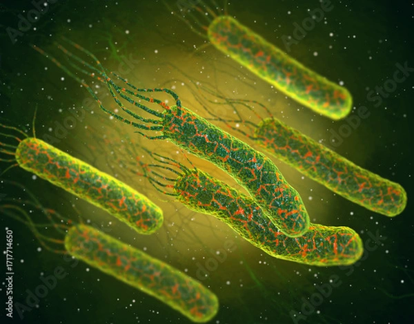 Fototapeta Medical background, dangerous to health and life pathogenic bacteria Vibrio cholerae, the causative agent of cholera disease, 3D rendering