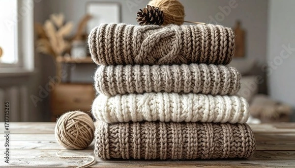 Fototapeta Stack of Knitted Sweaters in Neutral Tones on Wooden Table