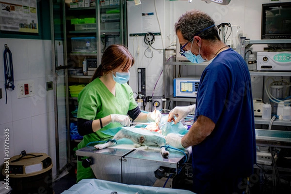 Fototapeta Veterinarians performing surgical procedure on a dog in modern veterinary clinic