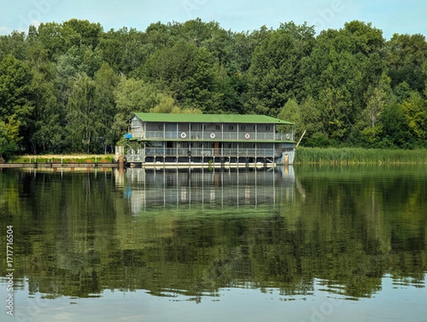 Fototapeta A waterfront hotel built on a barge. A two-story guesthouse with riverside rooms. The greenery and building are reflected in the calm water. A colonial-style travel experience.
