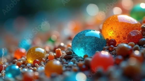 Fototapeta Vibrant Microscopic Sample of Colored Gel-like Beads on Surface