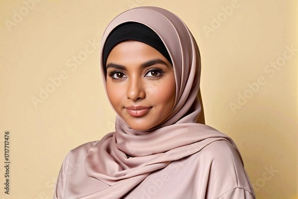 Fototapeta Portrait of a confident Muslim Woman standing and looking at the camera against a beige background with copy space