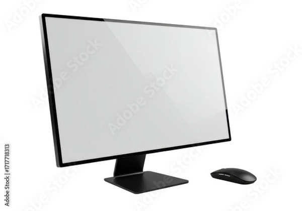 Fototapeta Sleek black flat-screen monitor with blank screen, minimalist stand, and matching wireless mouse, isolated on seamless transparent, no shadows, concept of modern technology design