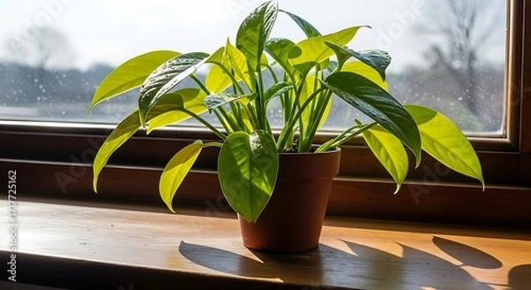 Obraz Vibrant potted plant, with lush, yellow-green leaves, sits on a windowsill, bathed in sunlight.