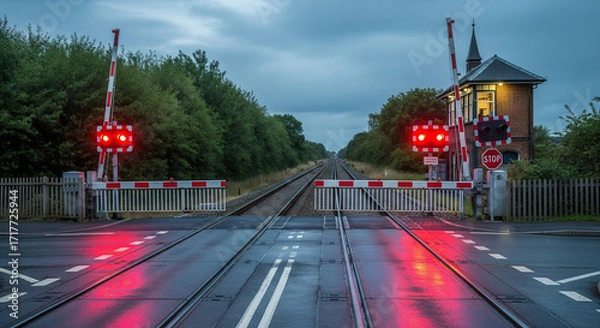 Fototapeta Red Lights Flashing at a Rural Railway Crossing

A dramatic, moody shot of a rural railway crossing at dusk. The vivid red lights of the flashing signals and the barrier arm create a strong sense