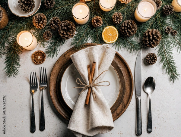 Fototapeta Rustic Christmas dining table flat lay with wooden plates, linen napkin, pinecones, and vintage cutlery in warm festive style