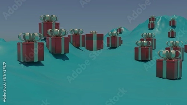 Fototapeta Red gift boxes with golden bows on surreal teal hills in 3d render
