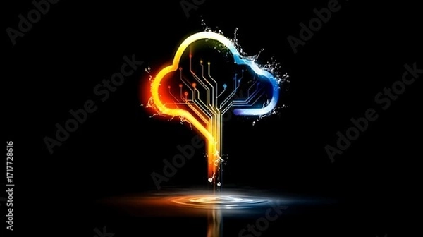 Fototapeta glowing digital tree shaped like a cloud with blue and orange neon circuits