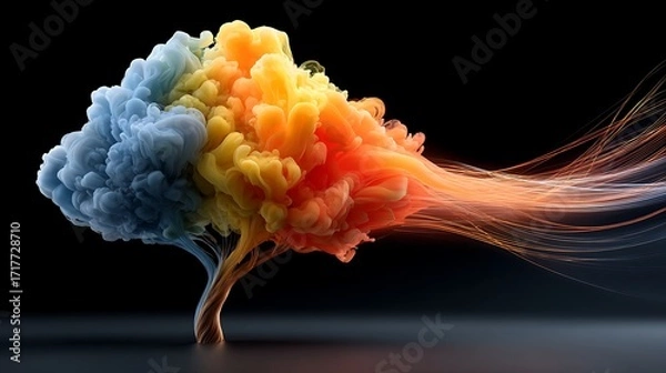 Fototapeta colorful cloud shaped like a tree with blue, yellow, and red flows extending outward. 