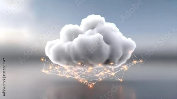 Fototapeta white digital cloud floating above glowing orange network connections