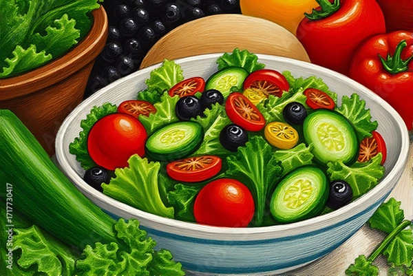 Fototapeta Fresh green salad with ripe red tomatoes and crisp cucumber in a bowl on a white background.