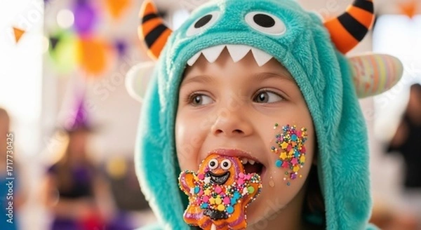 Obraz Adorable Monster Mayhem - Childs Face Covered in Sprinkles from a Googly-Eyed Cookie.